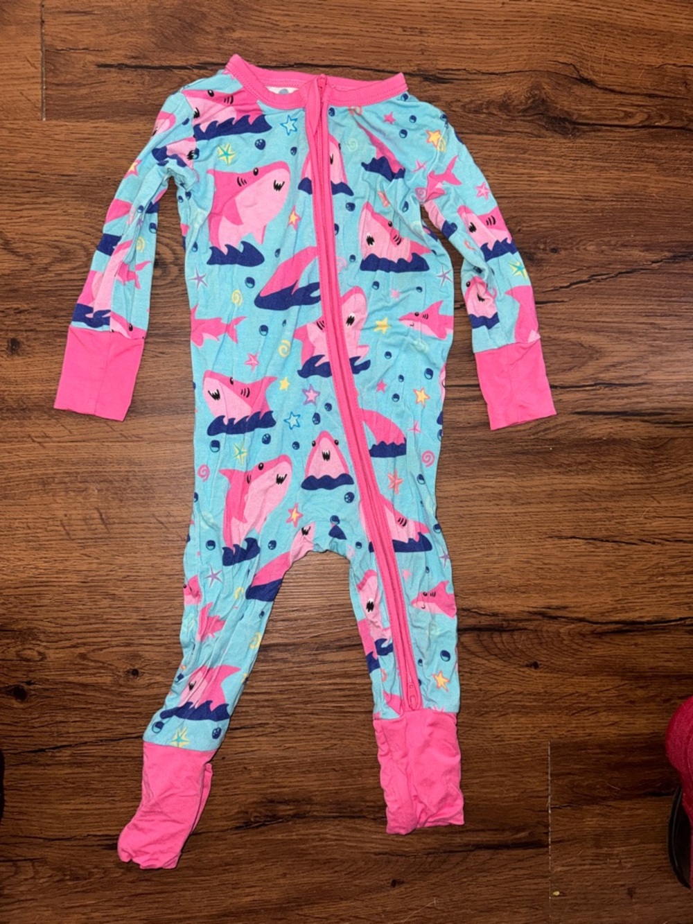 Pink & Aqua Shark Print Footed One-Piece Pajamas
